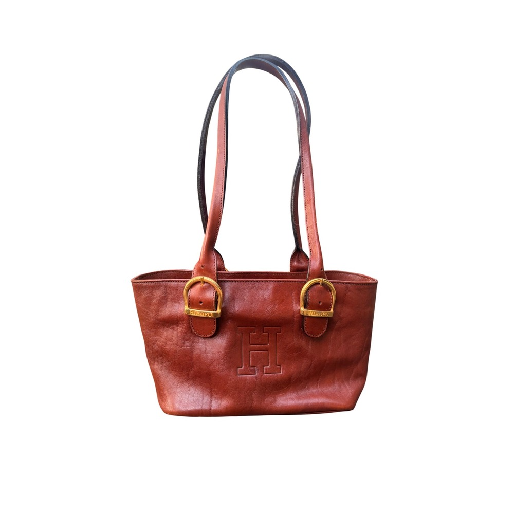 Hirofu Italy Brown Leather Tote Bag Buckle Detail‎ Embossed H Logo Shoulder Bag